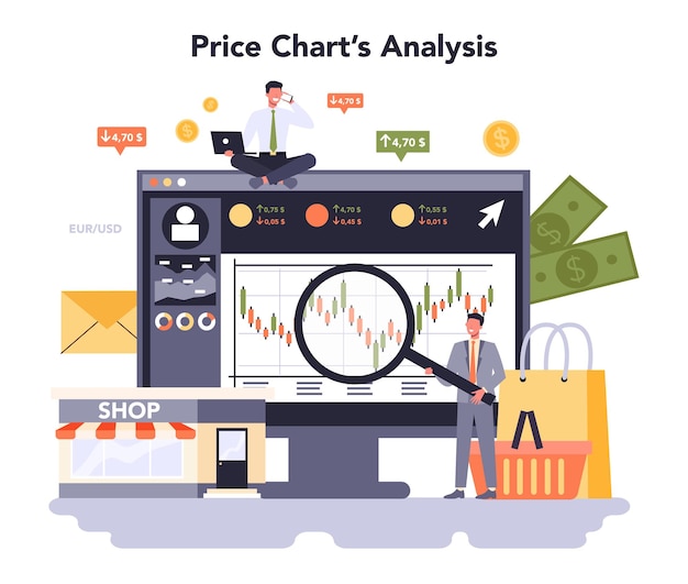 Vector plataforma o servicio online de marketing minorista. análisis de gráfico de precios. ilustración de vector plano aislado