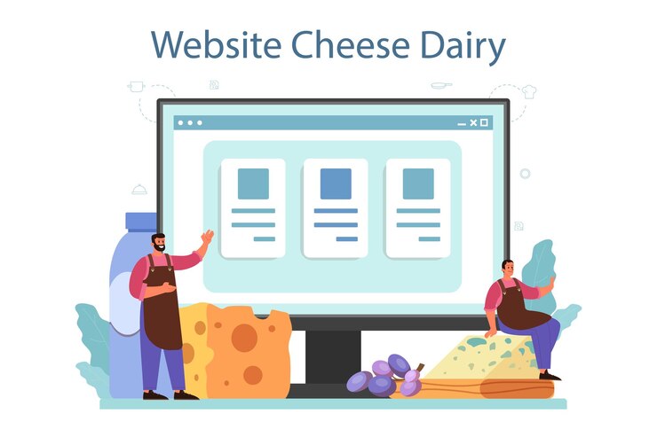 Vector plataforma o servicio online de quesos. chef profesional haciendo bloque de queso. producción de queso. sitio web. ilustración de vector aislado