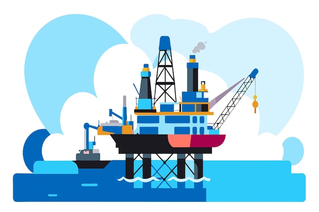 Una plataforma petrolera y un barco de suministros en el mar bajo un cielo azul
