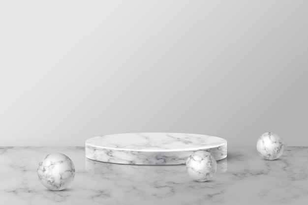 Plataforma de podio de mármol 3d para anuncio de producto Maqueta de exhibición de escenario de pedestal abstracto de forma redonda y bolas presentación de piedra de lujo de objeto de podio realista en fondo de estudio