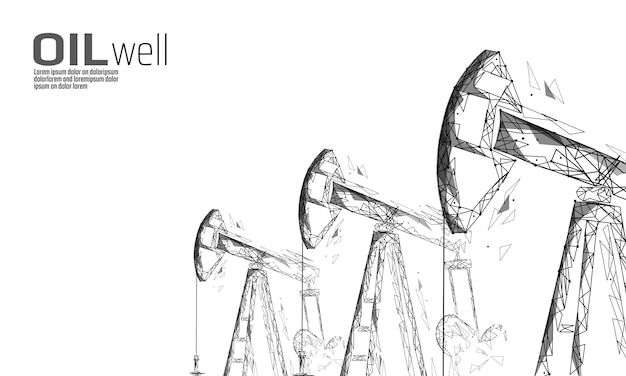 Plataforma de pozo de petróleo juck concepto de negocio de baja poli. Economía económica de la producción de gasolina poligonal. Industria del combustible de petróleo, torres de perforación pumpjack, bombeo, puntos de conexión de línea de puntos de perforación ilustración vectorial