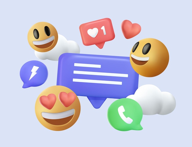 Plataforma de redes sociales 3D aplicaciones de comunicación social en línea concepto emoji corazones