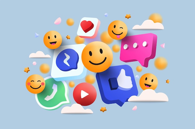 Plataforma de redes sociales 3d, concepto de aplicaciones de comunicación social en línea, emoji, corazones, chat sobre fondo azul claro. 3d ilustración vectorial