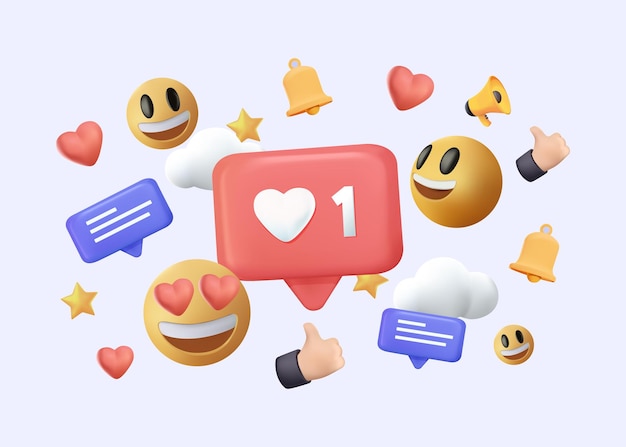 Plataforma de redes sociales 3d concepto de redes sociales en 3d como el corazón, los pulgares hacia arriba y el emoji de sonrisa