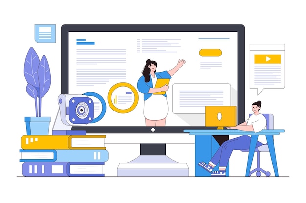 Plataformas de aprendizaje electrónico y concepto de educación virtual con persona que asiste a una clase en línea
