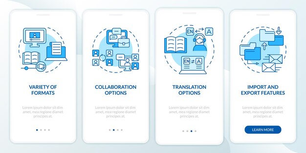 Las plataformas de aprendizaje electrónico cuentan con una pantalla de aplicación móvil de incorporación azul. tutorial de 4 pasos de páginas de instrucciones gráficas con conceptos lineales. interfaz de usuario, ux, plantilla de interfaz gráfica de usuario. myriad pro-bold, fuentes regulares utilizadas