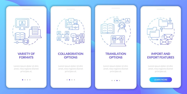 Las plataformas de aprendizaje electrónico cuentan con la pantalla de la aplicación móvil de incorporación de degradado azul Tutorial Páginas de instrucciones gráficas de 4 pasos con conceptos lineales UI UX Plantilla de GUI Myriad ProBold Fuentes regulares utilizadas