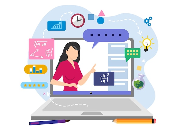 Las plataformas de aprendizaje electrónico y los profesores de aprendizaje a distancia se conectan en línea y transmiten sus cursos de video en un vector de ilustración de dibujos animados de estilo plano de plataforma web