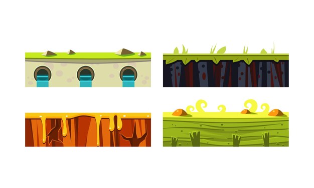Plataformas de fantasía para interfaz de juego móvil set texturas de tierra vector ilustración aislada sobre fondo blanco