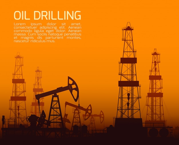Vector plataformas de perforación y bombas de aceite al atardecer