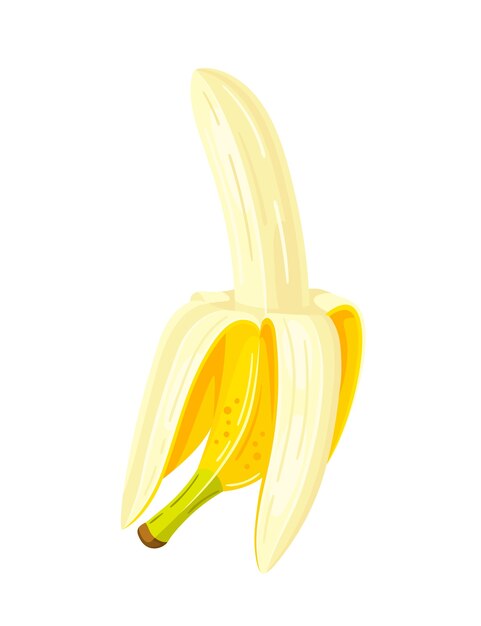 Plátano abierto en estilo de dibujos animados. Diseño plano. Plátano amarillo aislado sobre fondo blanco.