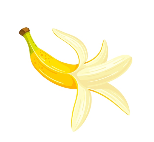 Plátano abierto en estilo de dibujos animados. Diseño plano. Plátano amarillo aislado.