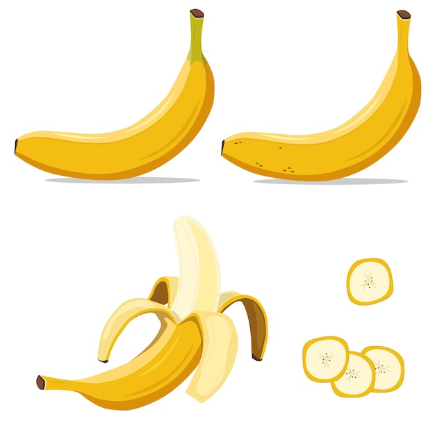 Plátano amarillo en diferentes etapas Ilustración vectorial conjunto verde maduro cortado y pelado