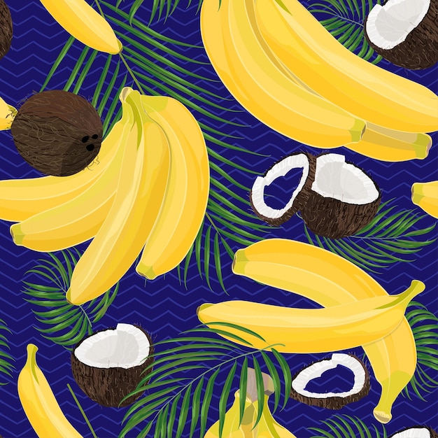 Plátano coco entero y trozos con hojas de palma aisladas sobre fondo blanco Ilustración vectorial botánica colorida Diseño tropical vintage
