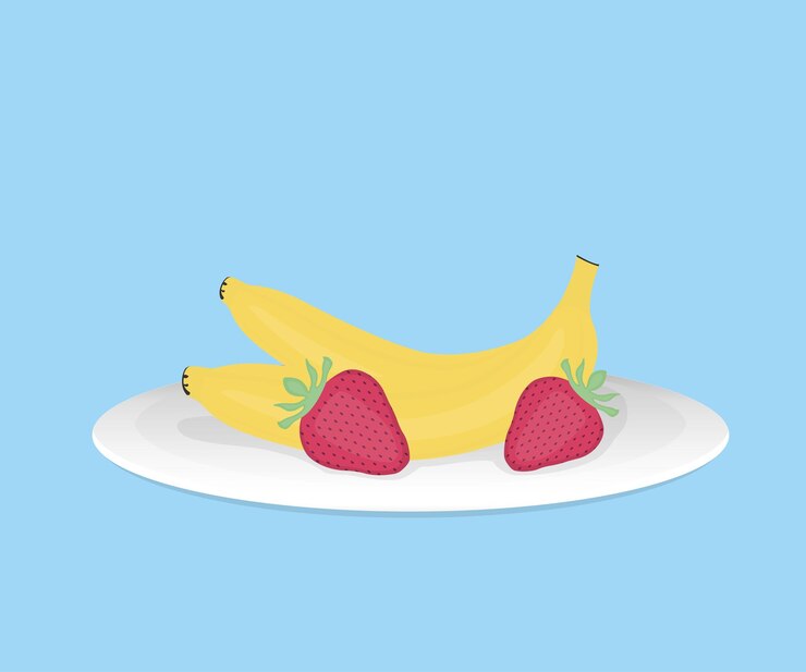 Plátano y fresa, plato, ilustración vectorial Fondo