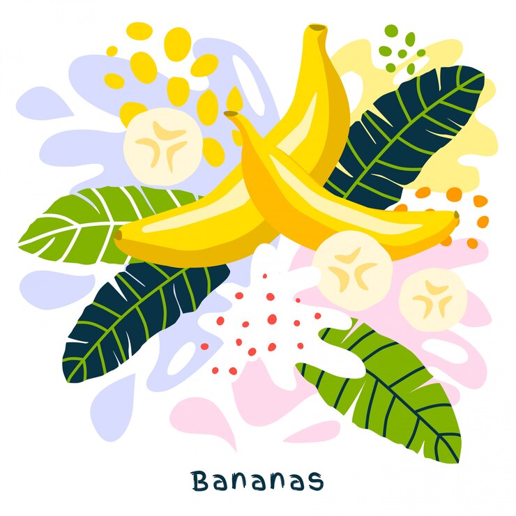 Vector plátano fresco jugo de frutas tropicales salpicaduras de alimentos orgánicos maduros jugosos plátanos salpicaduras sobre fondo abstracto ilustraciones dibujadas a mano