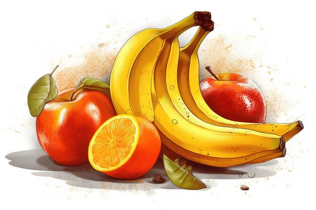 Plátano y manzana sobre fondo blanco ilustración de arte vectorial frutas