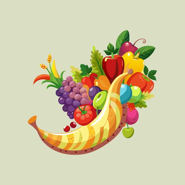 Vector un plátano y un montón de frutas están dispuestos en un dibujo