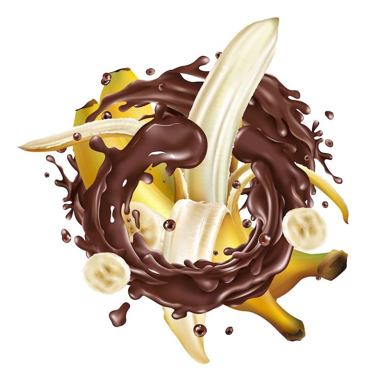 Vector plátanos enteros y en rodajas en un toque de chocolate.