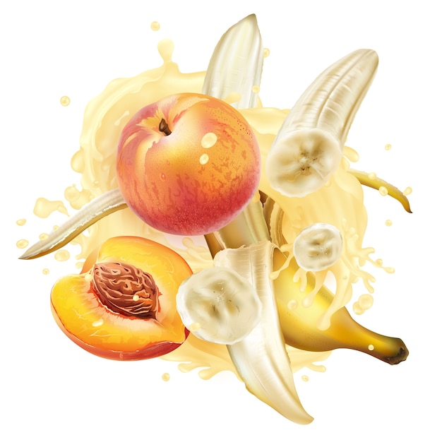 Plátanos y melocotones en un chorrito de batido o yogur sobre un fondo blanco.