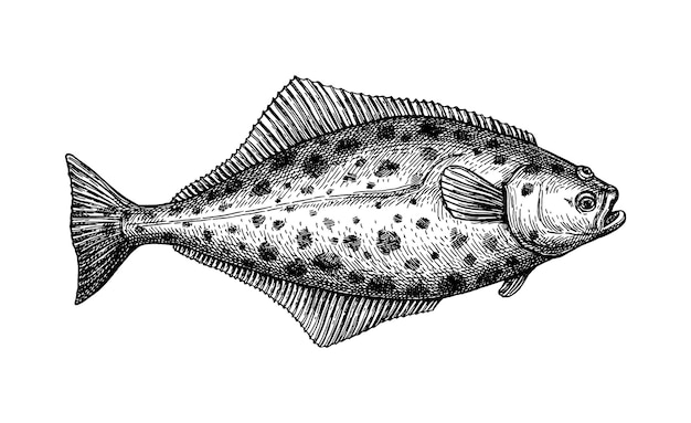Platija. Dibujo de tinta de halibut. Ilustración de estilo vintage de pescado.