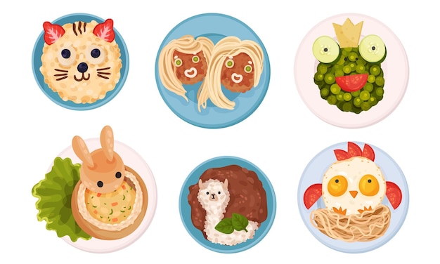 Platillo de desayuno con alimentos dispuestos en formas infantiles de animales Conjunto vectorial