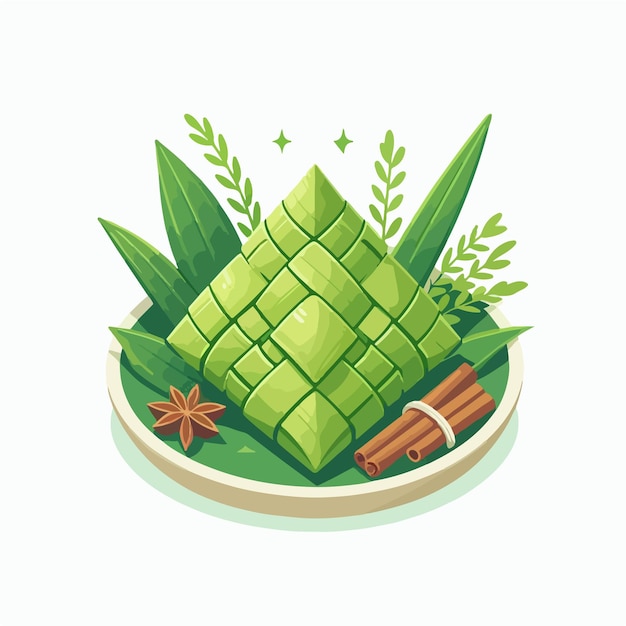 Vector plato de arroz ketupat en embalaje verde orgánico vector comida asiática