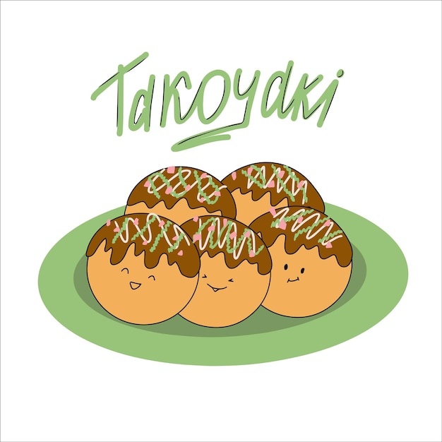 Vector plato asiático takoyaki bolas de pulpo cocina japonesa lindo personaje garabato ilustración