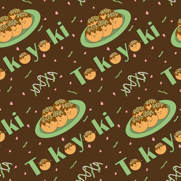 Plato asiático takoyaki pulpo bolas cocina japonesa lindo personaje doodle ilustración fabri
