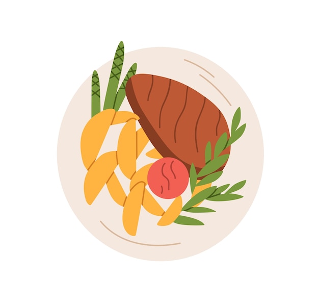 Vector plato de carne y patatas fritas servido en un plato. cena con bistec de ternera, gajos de patata y espárragos. vista superior de comida sabrosa con verduras y verduras. ilustración de vector plano aislado sobre fondo blanco