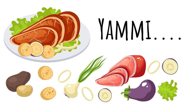 Plato de carne en un plato. Ingrediente del menú de cocina aislado diseño gráfico ilustración