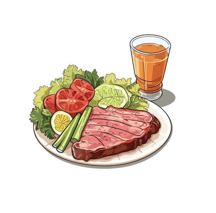 Plato de carne de res con verduras y bebida fría aislada sobre un fondo blanco