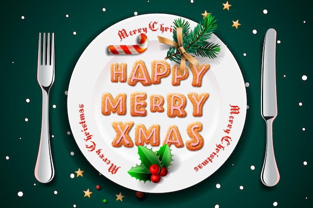 Plato de cena de Navidad con ajuste de tabla de galletas de jengibre para la ilustración de vector de cena de Navidad