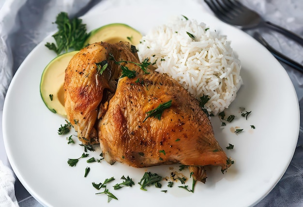 un plato de comida con arroz y una rodaja de limón
