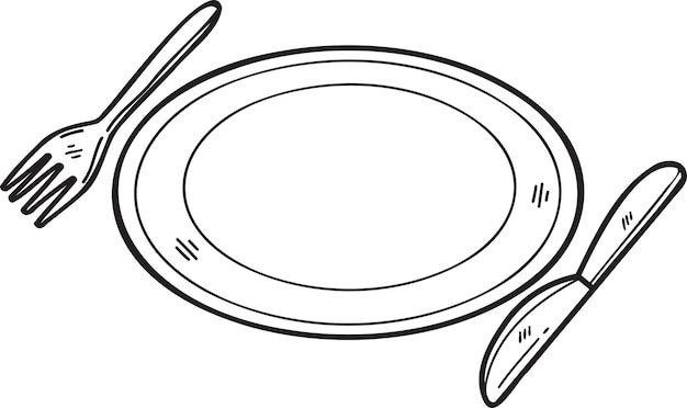 Plato de comida dibujado a mano con ilustración de tenedor y cuchillo en estilo garabato