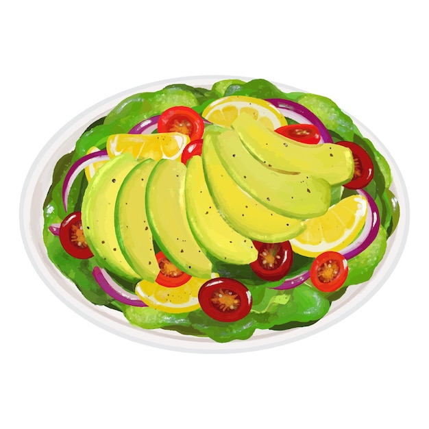 Un plato de comida con ensalada y rodajas de aguacate Ensalada de aguacate