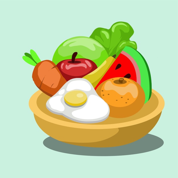 Vector un plato de comida con una fruta y un huevo.
