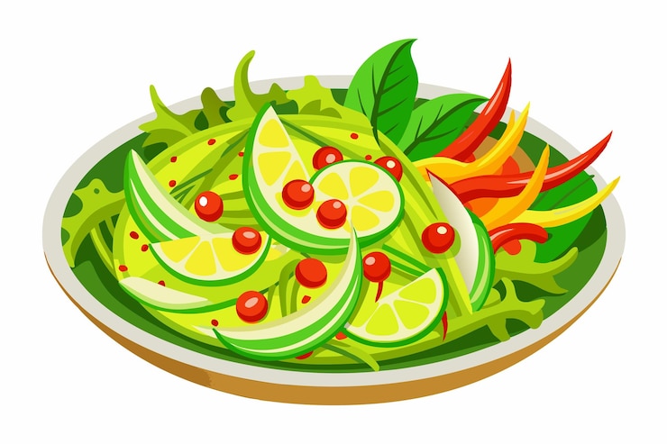 Vector un plato de comida con una imagen de una ensalada con una imagen de una ensalada de frutas
