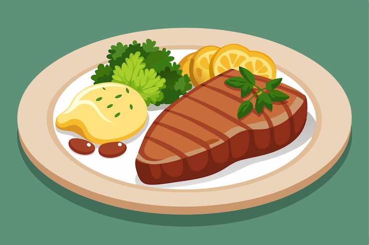 Vector un plato de comida con una imagen de un filete y un limón