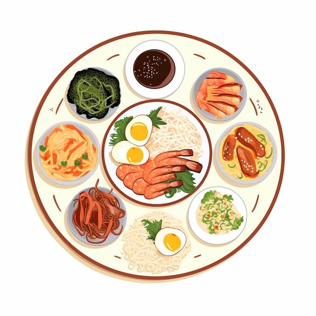 Un plato de comida con un plato de alimentos con una imagen de una comida con huevos carne y verduras