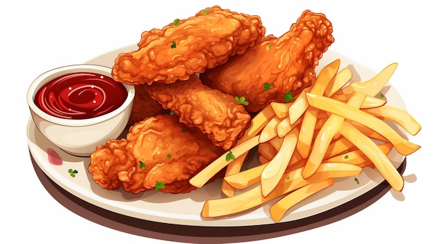 Vector un plato de comida que incluye pollo frito, papas fritas y ketchup