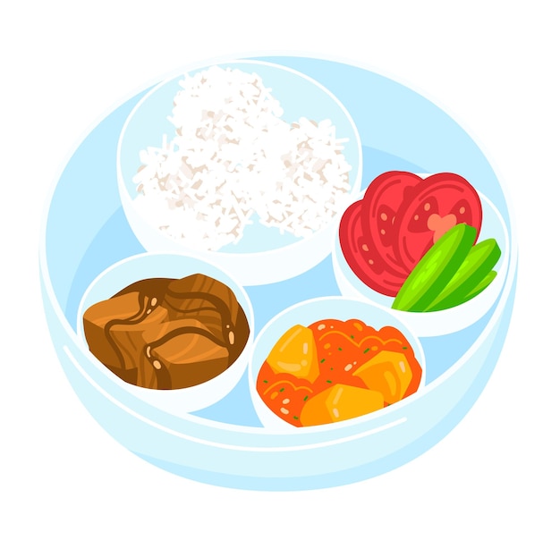 Vector plato de comida saludable con arroz, pollo a la parrilla, tomates, pepino y patatas ilustración vectorial