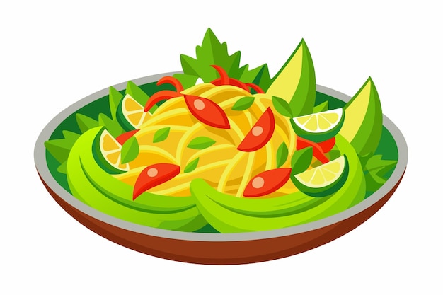 un plato de comida con un tazón de pasta y una cuña de limón