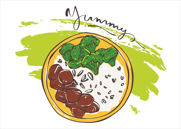 Plato coreano con arroz, brócoli y carne de res Comida asiática Comida saludable Ilustración vectorial para cualquier diseño