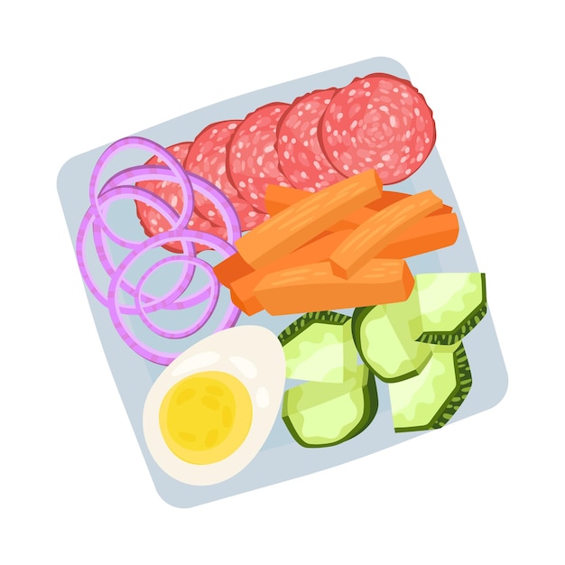 Vector plato cuadrado con salchichas picadas y ilustración vectorial de verduras