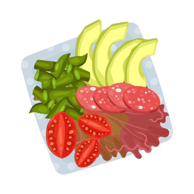 Plato cuadrado con salchichas en rodajas y verduras picadas ilustración vectorial