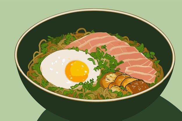 Vector un plato de deliciosos fideos ramen japoneses en sopa y huevo.