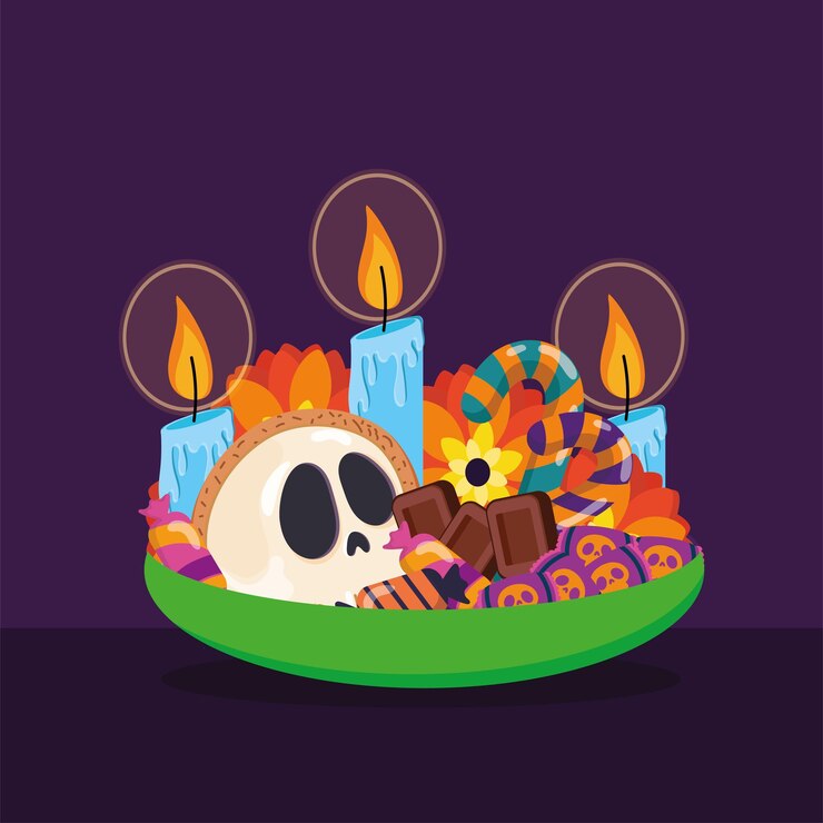 Vector plato con dulces de halloween cráneo y velas ilustración vectorial