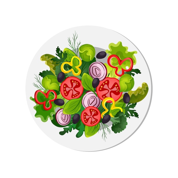 Plato de ensalada Comida vegetariana orgánica de dibujos animados concepto de comida saludable y fresca Ilustración vectorial