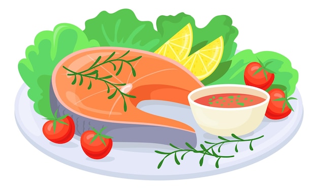 Vector plato de filete de salmón con condimentos y salsa en estilo de dibujos animados aislado sobre fondo blanco.